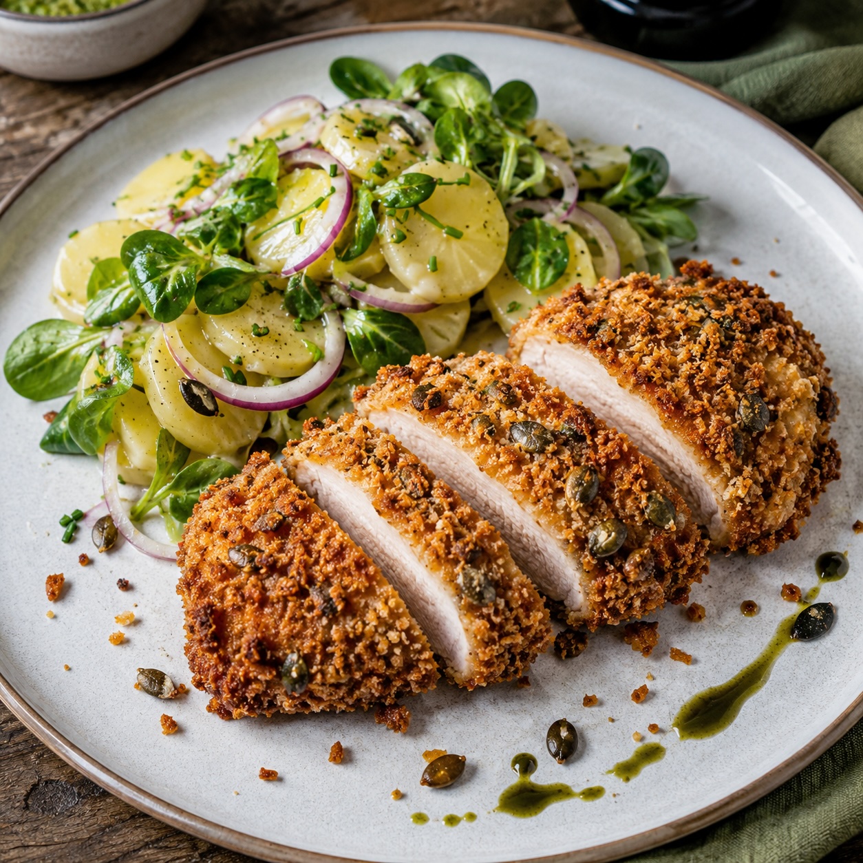 Steirisches Backhendl mit Panko-Kürbiskern-Panade und Erdäpfel-Vogerlsalat