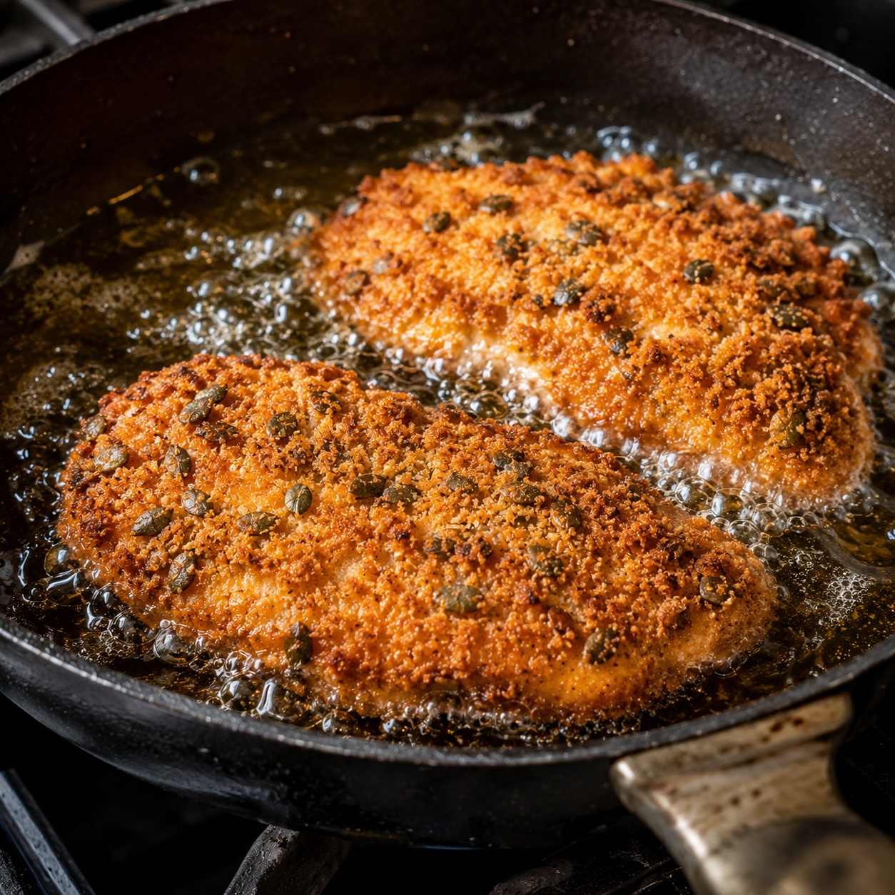 Goldbraun ausgebackenes Backhendl mit Kürbiskern-Panade