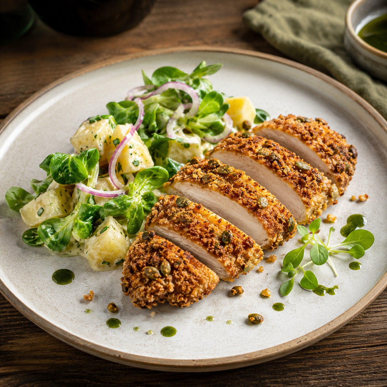 Steirisches Backhendl mit Panko-Kürbiskern-Panade und Erdäpfel-Vogerlsalat