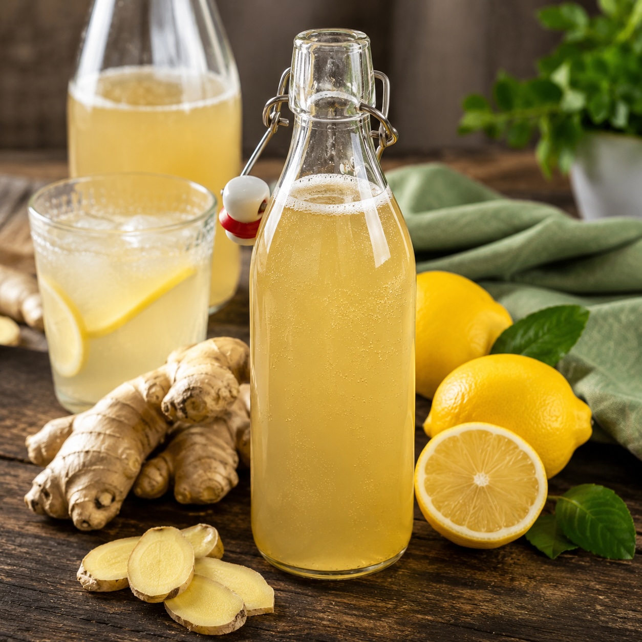 Traditionell fermentiertes Ginger Beer in einer Bügelflasche mit Ingwer und Zitronen