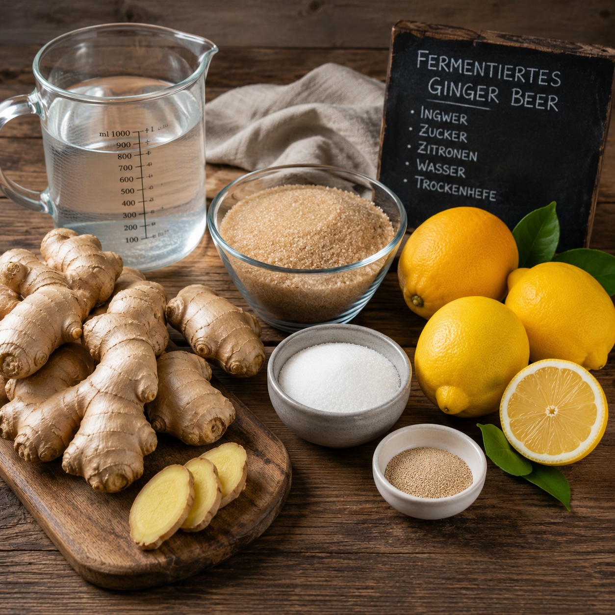 Frischer Ingwer, Zitronen und die Zutaten für fermentiertes Ginger Beer