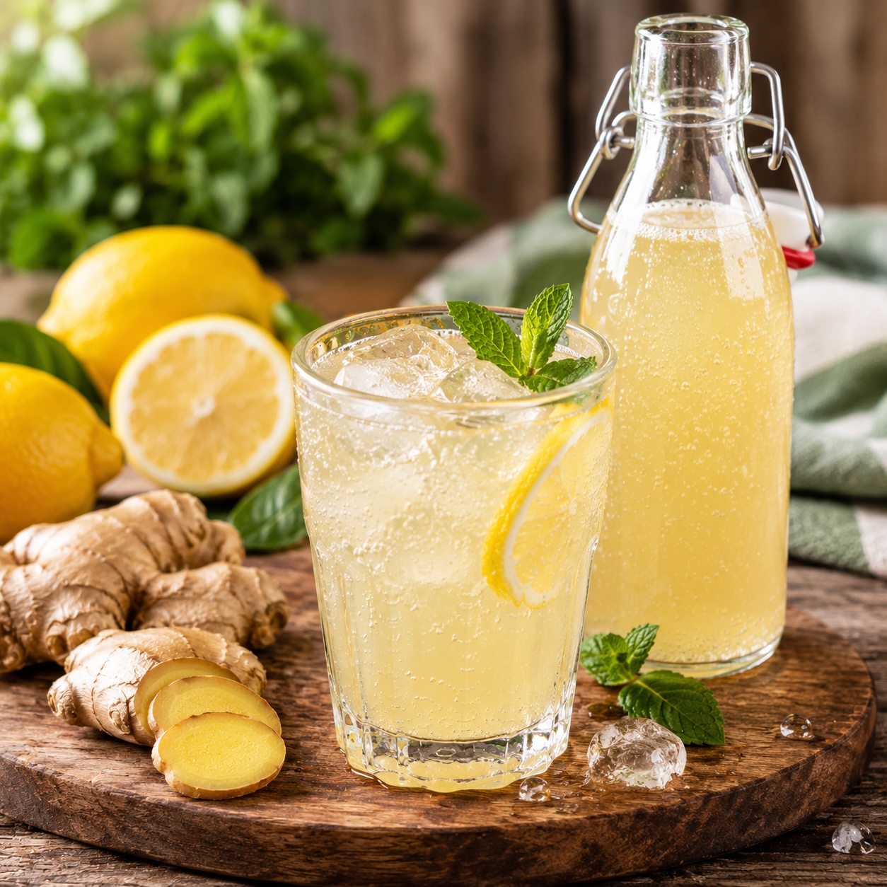 Fermentiertes Ginger Beer mit feiner Kohlensäure, Zitronen und Eiswürfeln