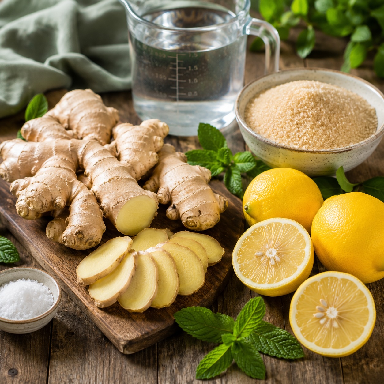 Frischer Ingwer, Zitronen und Minze als Zutaten für hausgemachtes Ginger Beer