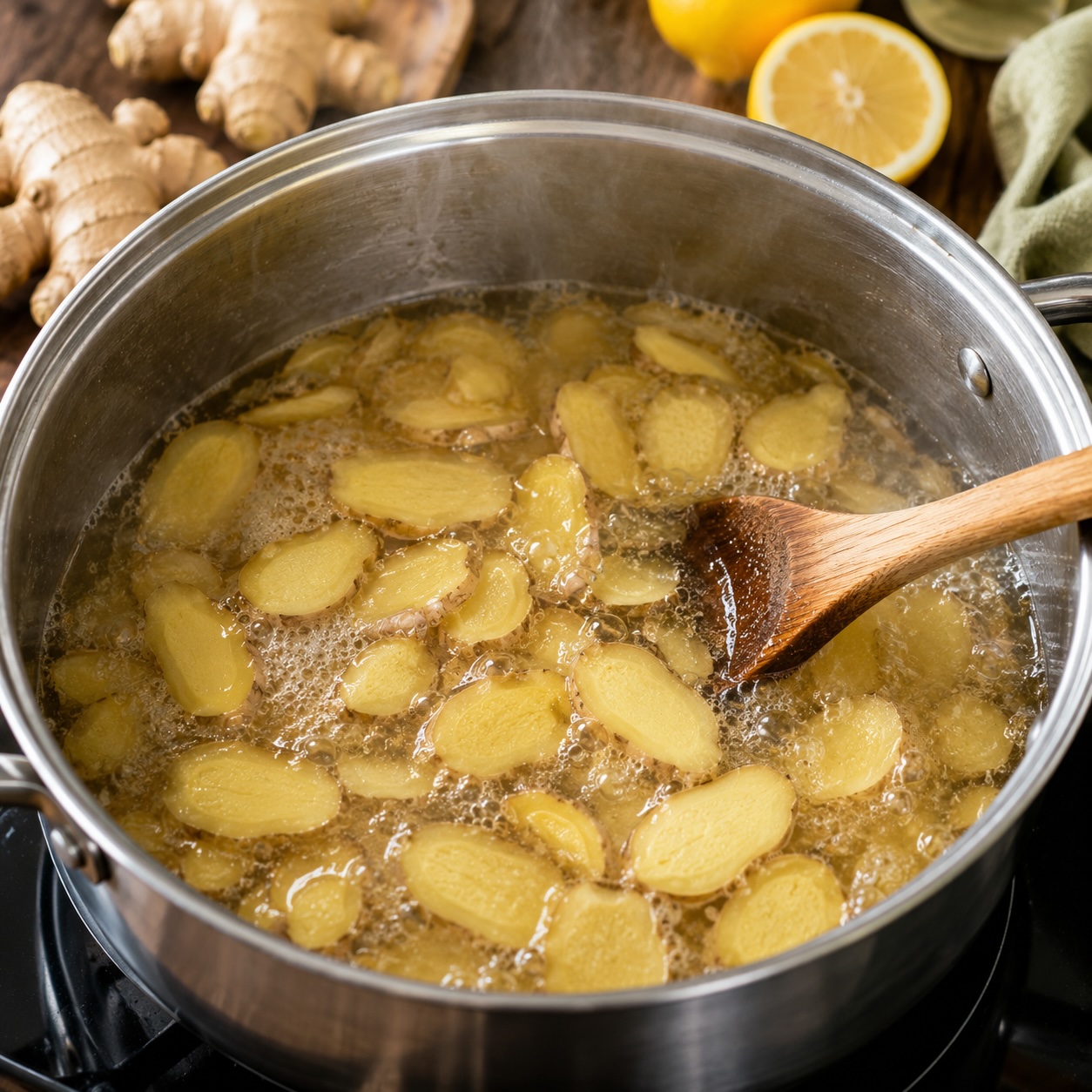 Ingwerscheiben köcheln für die Zubereitung von hausgemachtem Ginger Beer