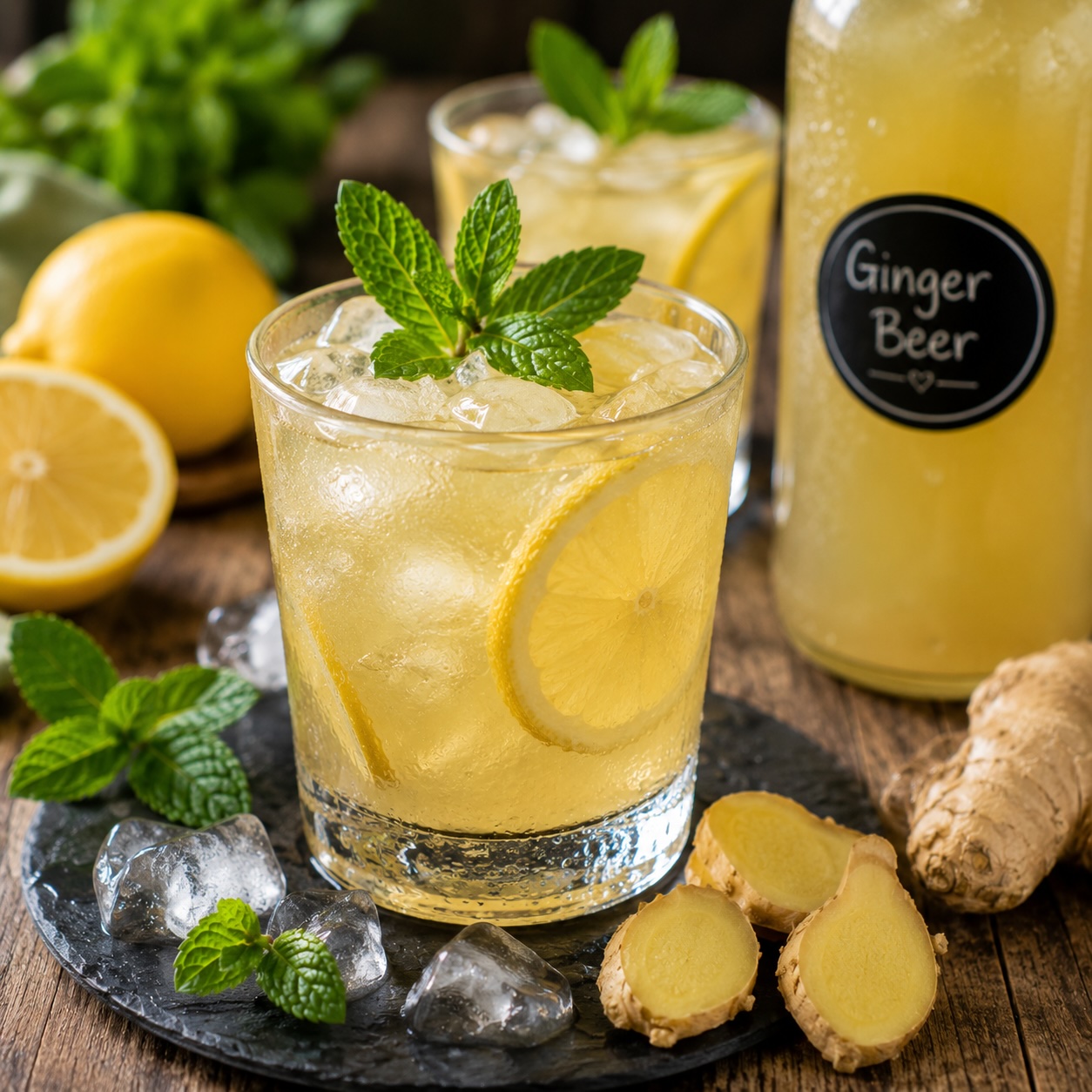 Ginger Beer mit Eiswürfeln, Zitronenscheiben und frischer Minze