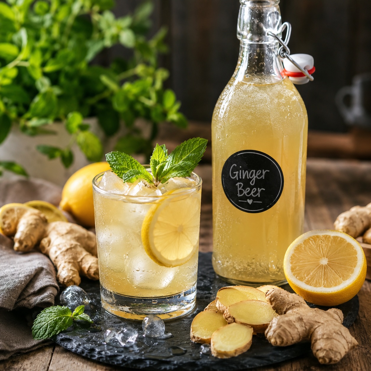 Selbst gemachtes Ginger Beer mit frischem Ingwer, Zitronenscheiben und Eiswürfeln