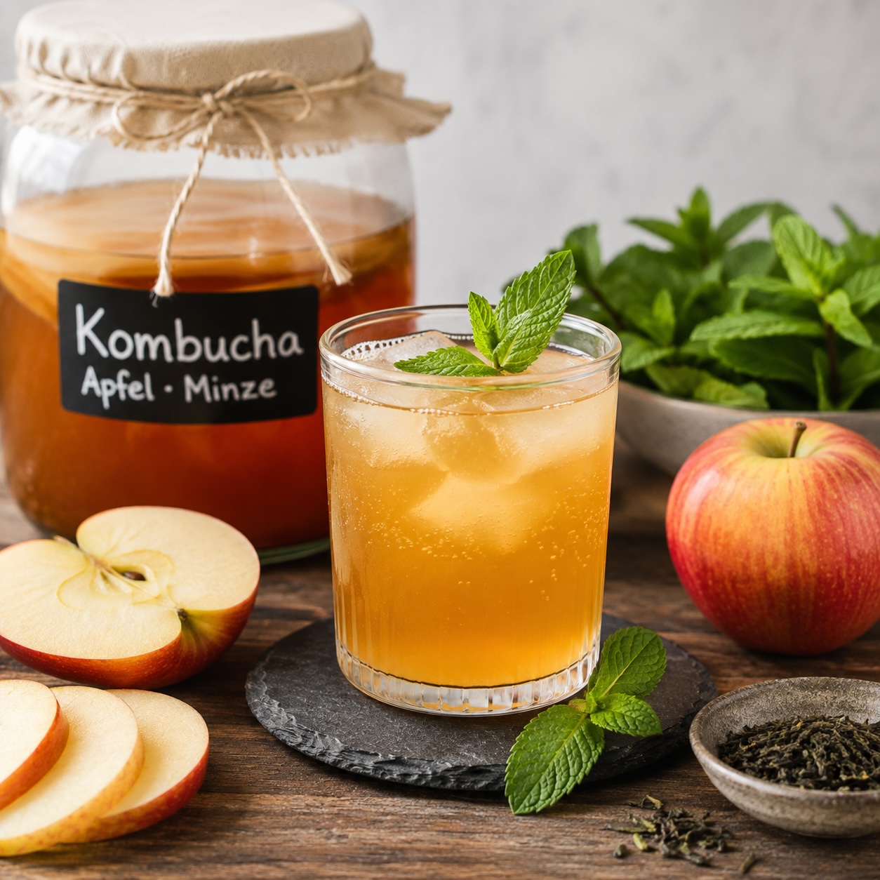 Fermentierter Kombucha mit Apfel und frischer Minze