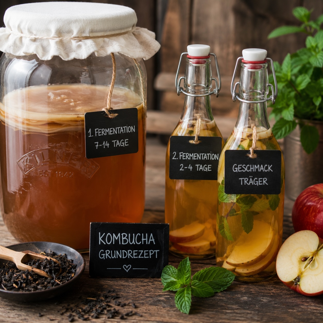 Hausgemachter Kombucha während der ersten und zweiten Fermentation