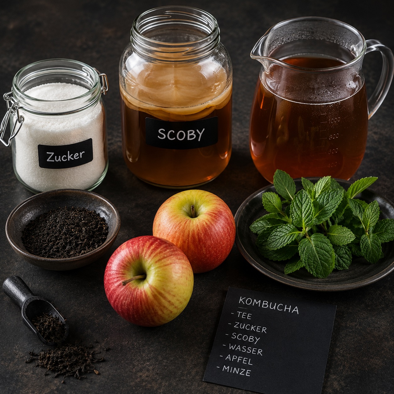 Schwarzer Tee, Zucker und ein SCOBY als Grundlage für die Herstellung von Kombucha
