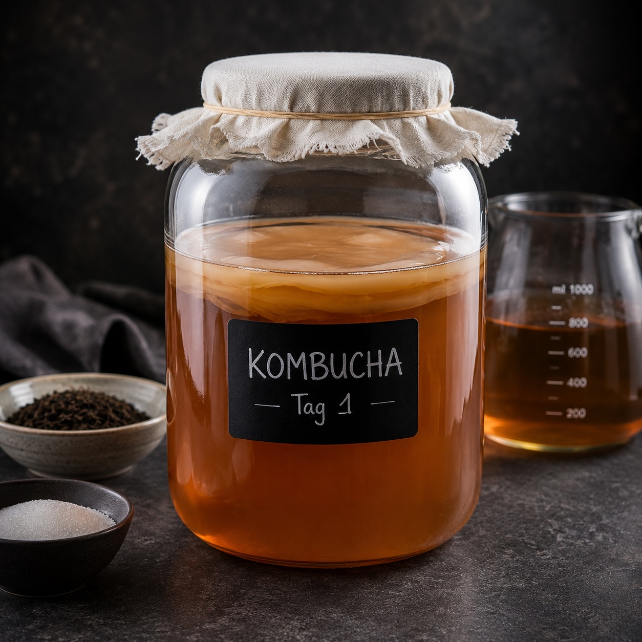 Der gesüßte Tee wird zusammen mit dem SCOBY für die Fermentation vorbereitet