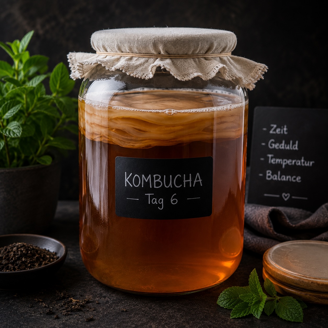 Während der Fermentation entsteht die feine Säure des Kombuchas