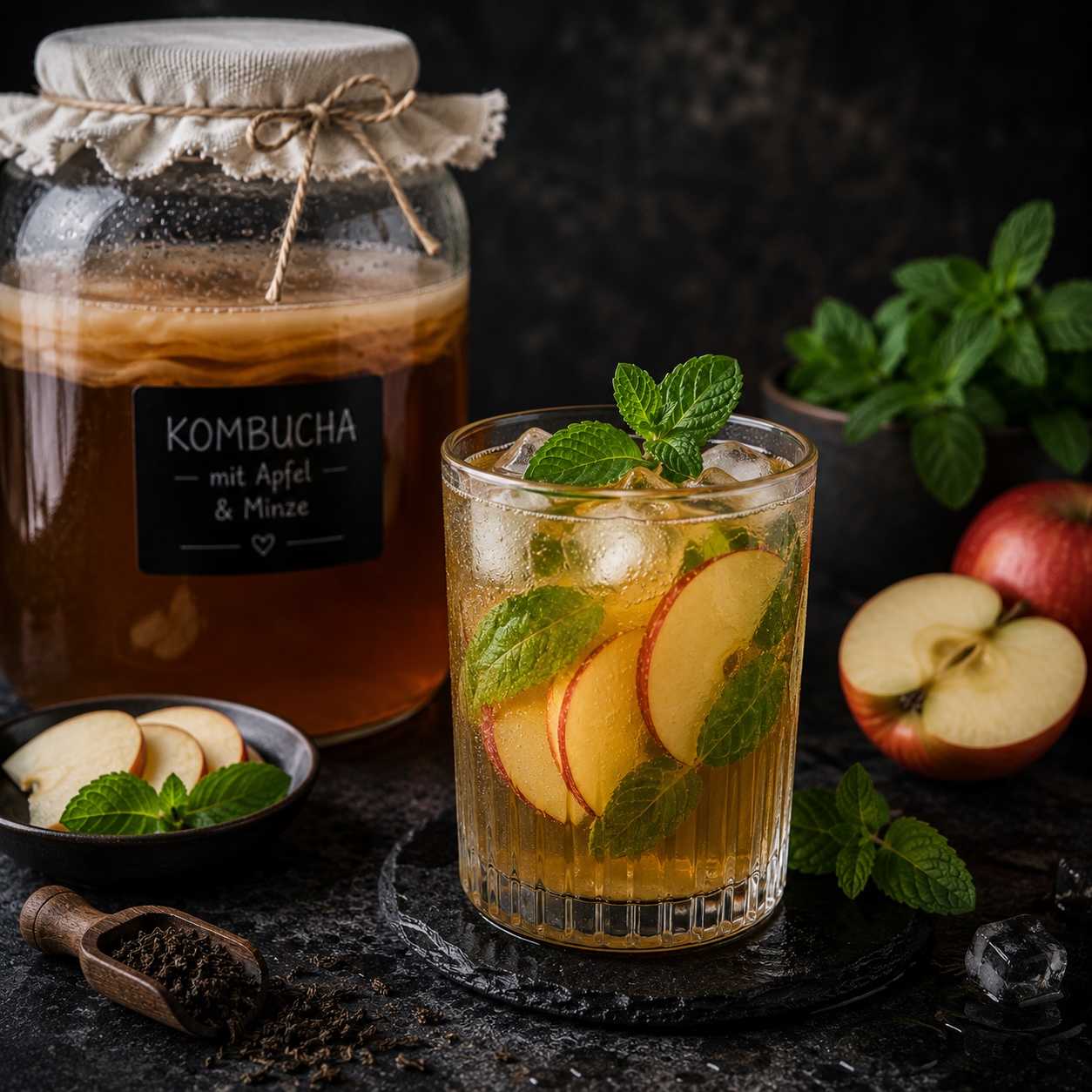 Servierter Kombucha mit Apfelscheiben und frischer Minze