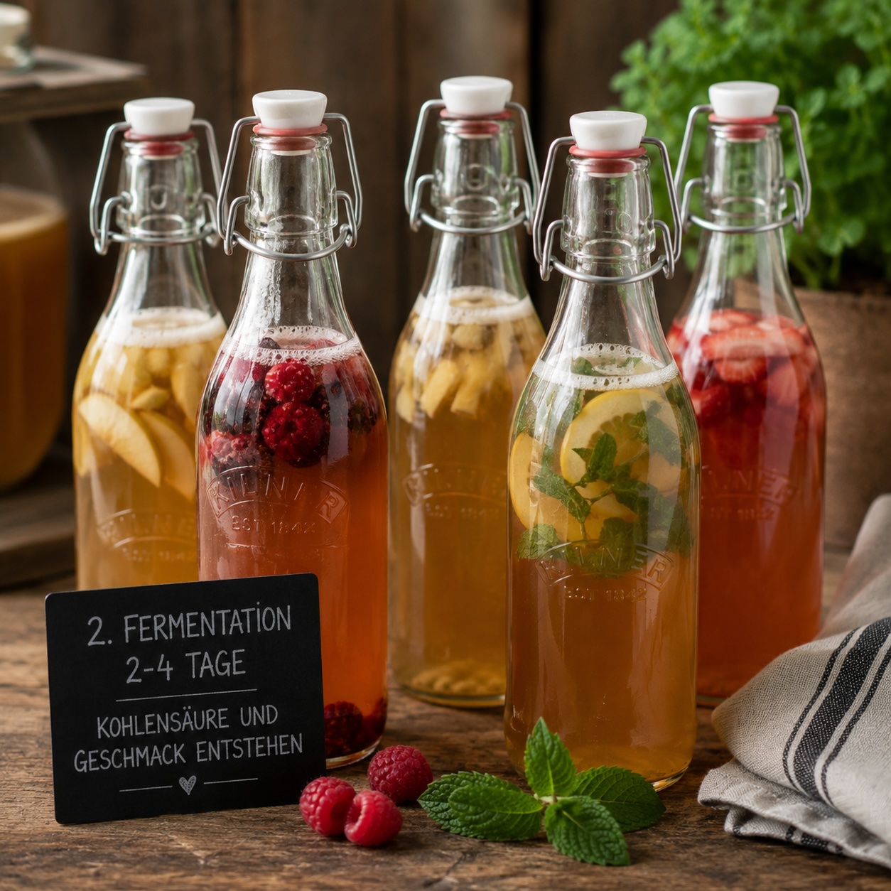 Abgefüllter Kombucha in Flaschen während der zweiten Fermentation