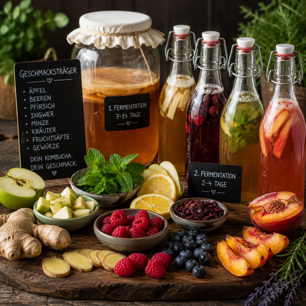 Kombucha mit verschiedenen Geschmacksträgern wie Früchten, Kräutern und Gewürzen