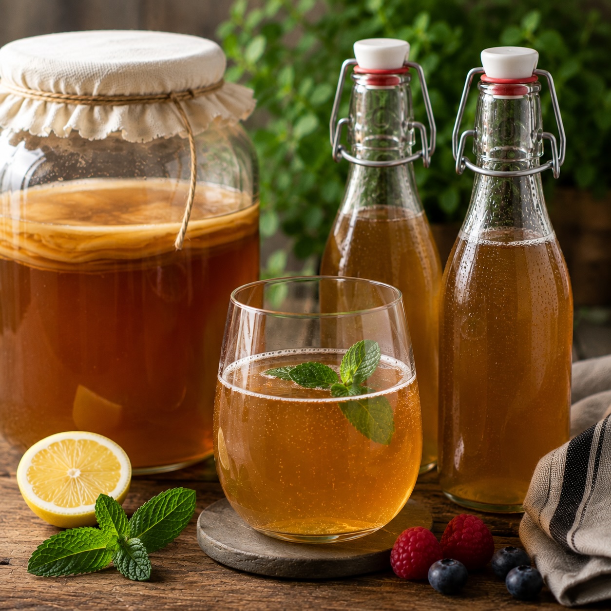 Fertig fermentierter Kombucha im Glas serviert