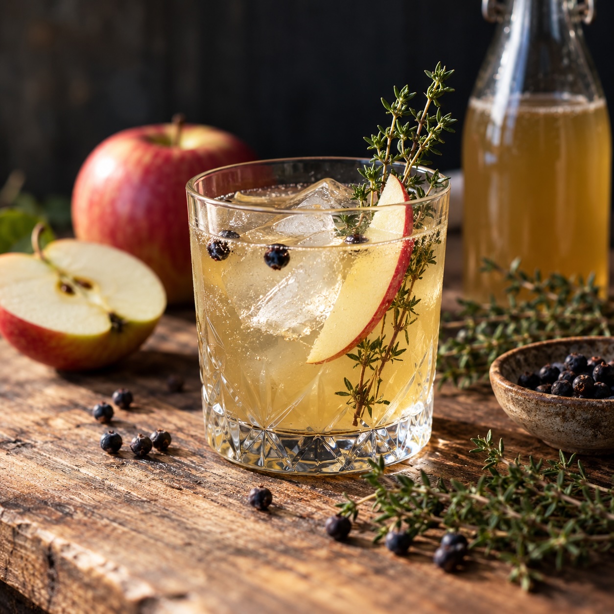 Hausgemachter Apfel-Wacholder-Shrub mit Thymian und Apfelessig