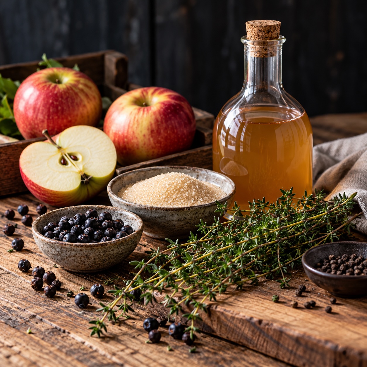 Äpfel, Wacholderbeeren und frischer Thymian für den Apfel-Wacholder-Shrub