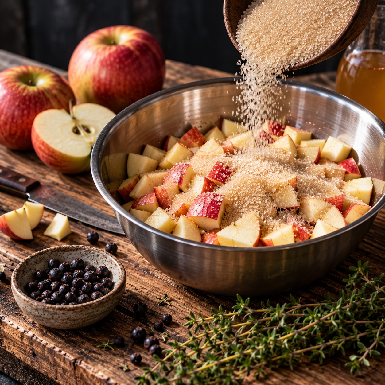 Geschnittene Äpfel mit Zucker beim Ansetzen des Apfel-Wacholder-Shrubs