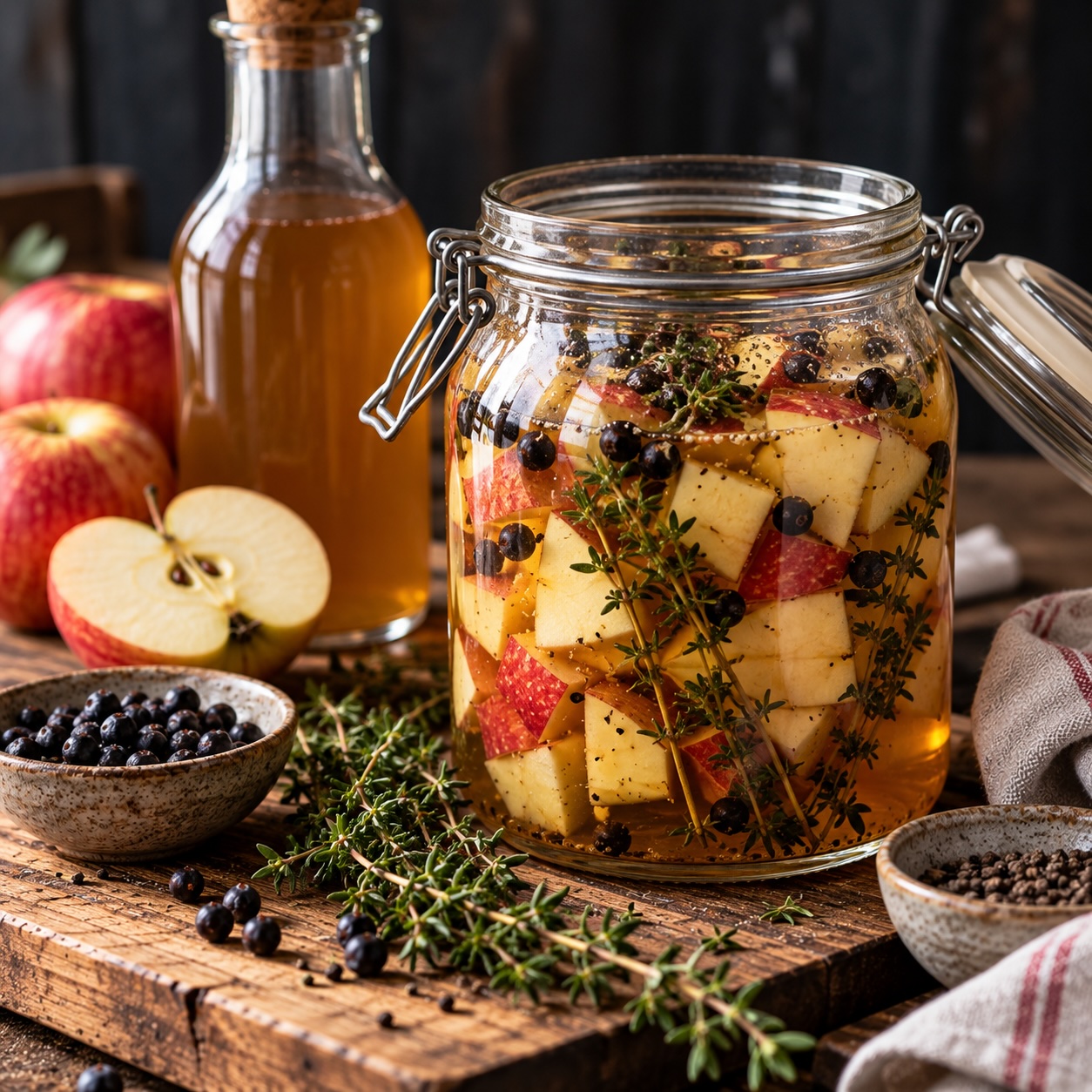 Apfel-Shrub mit Wacholder, Thymian und Apfelessig während der Reifezeit