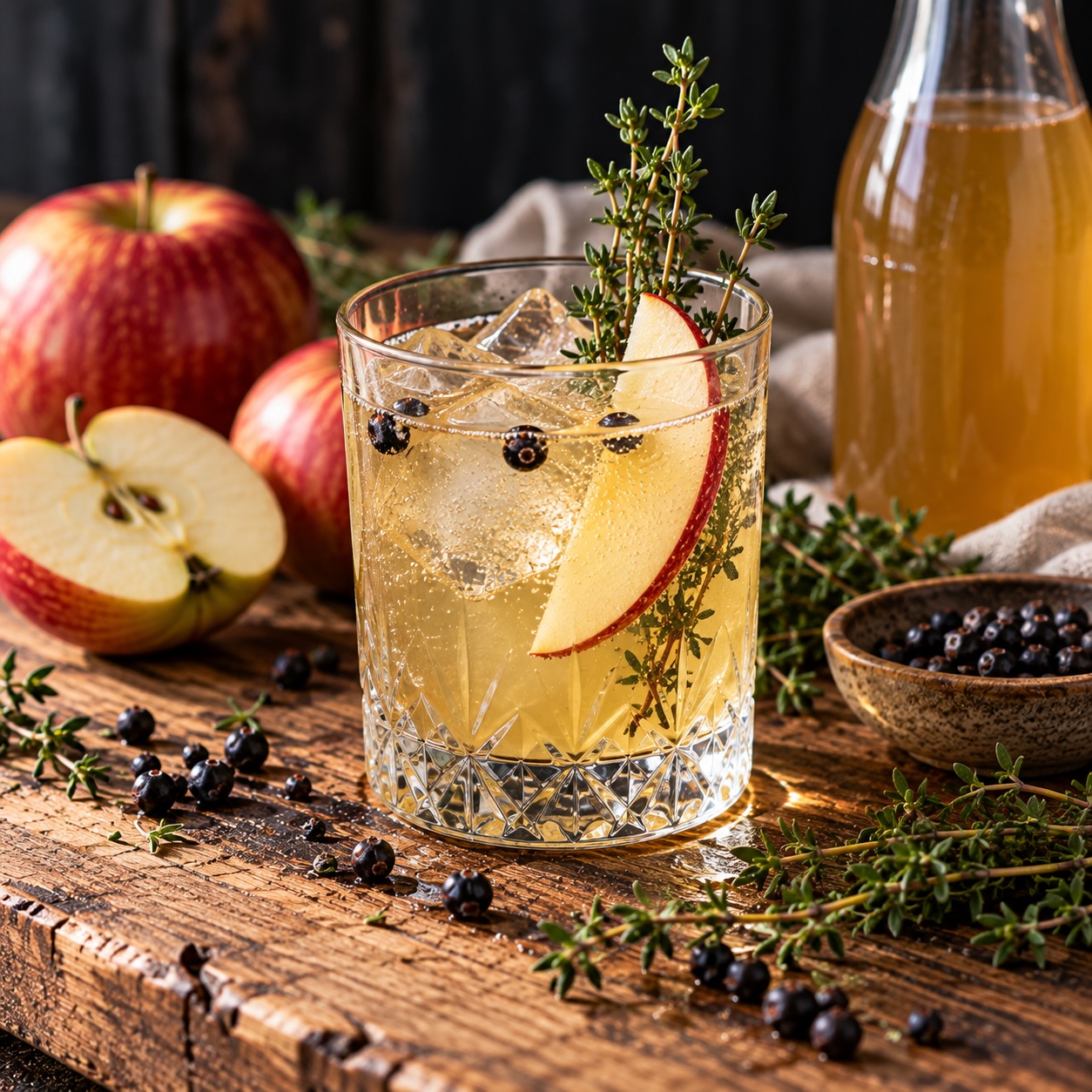 Fertiger Apfel-Wacholder-Shrub mit Soda, Eis, Apfel und Thymian im Glas