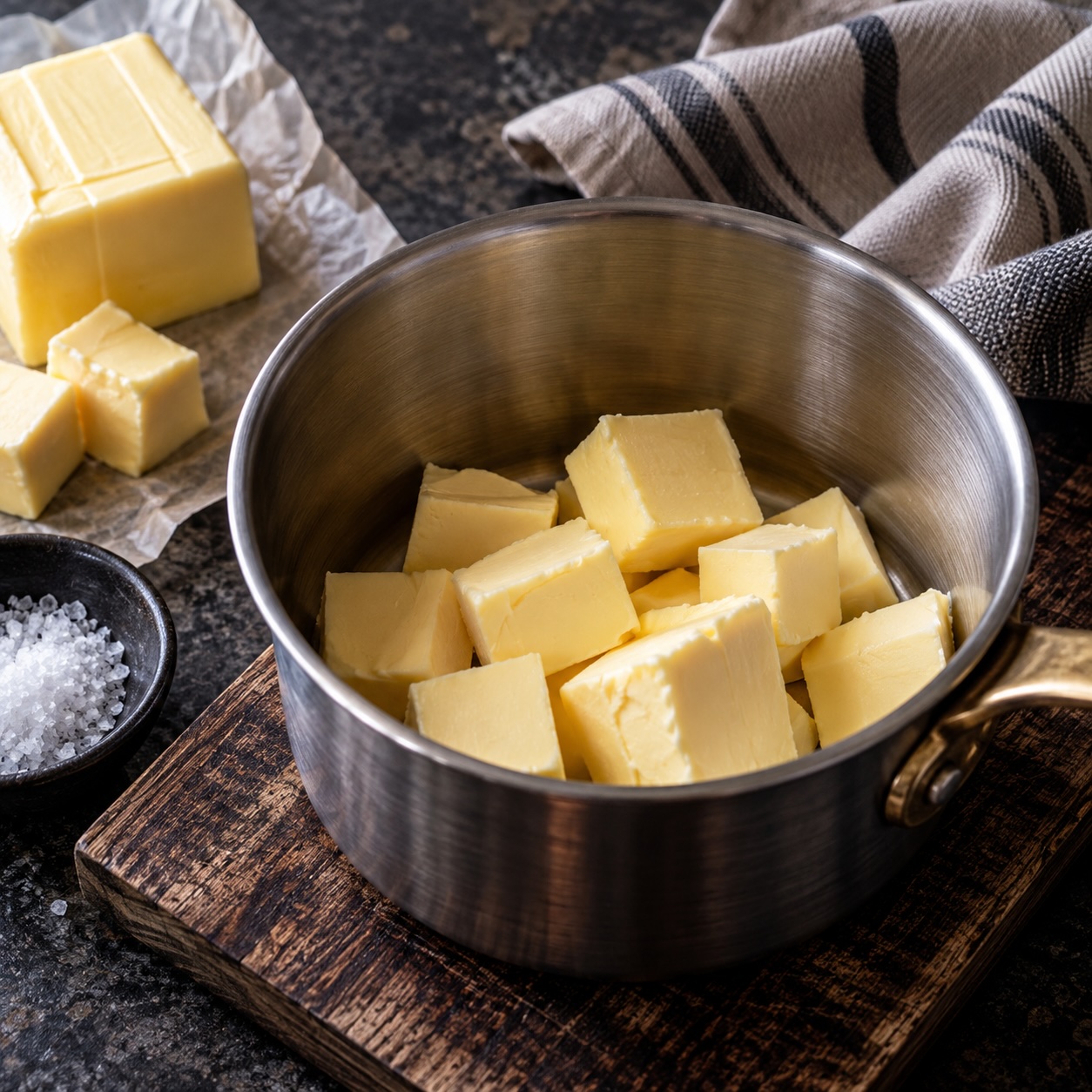 Butter für die Zubereitung von Nussbutter im Topf.