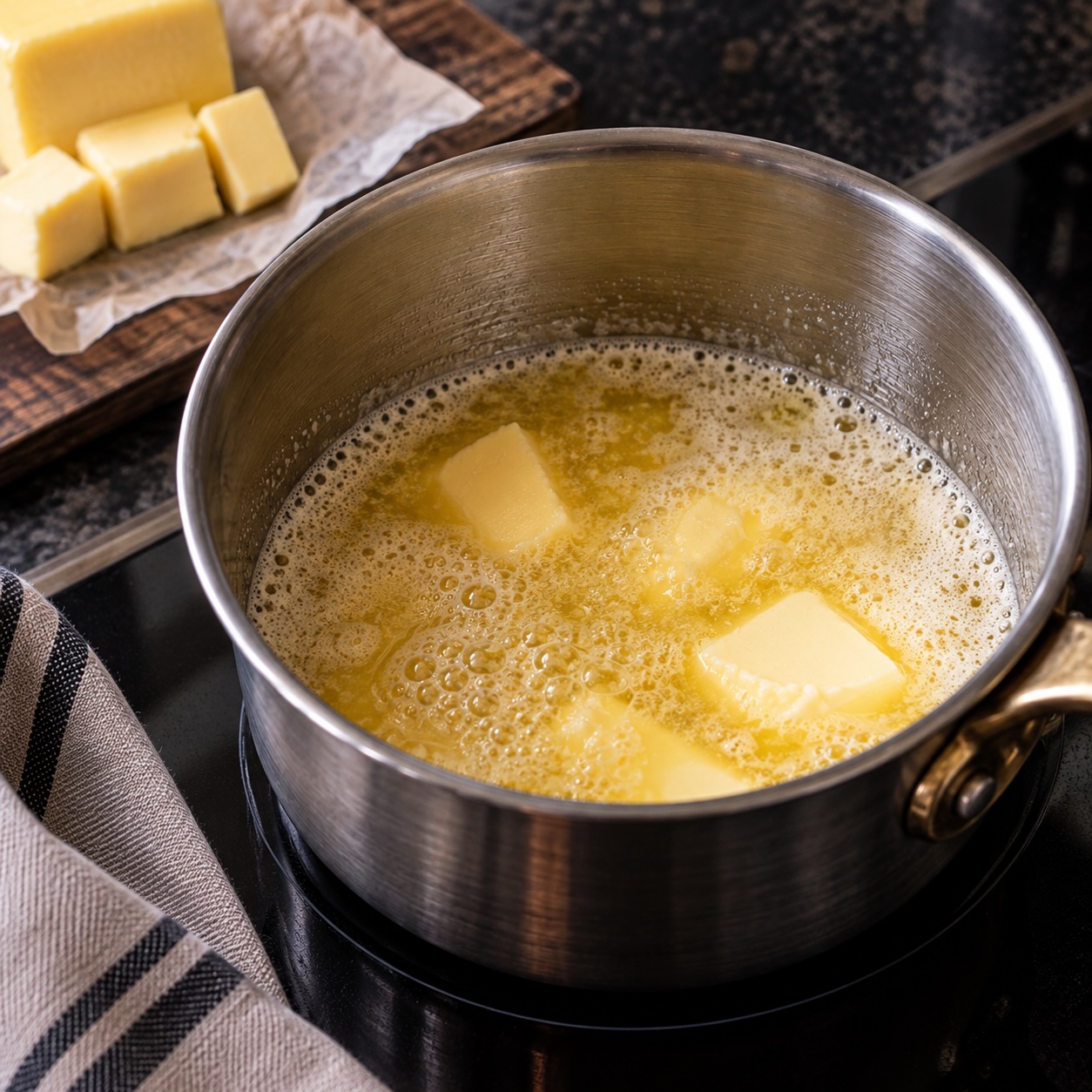 Butter wird langsam im Topf geschmolzen und beginnt zu schäumen.