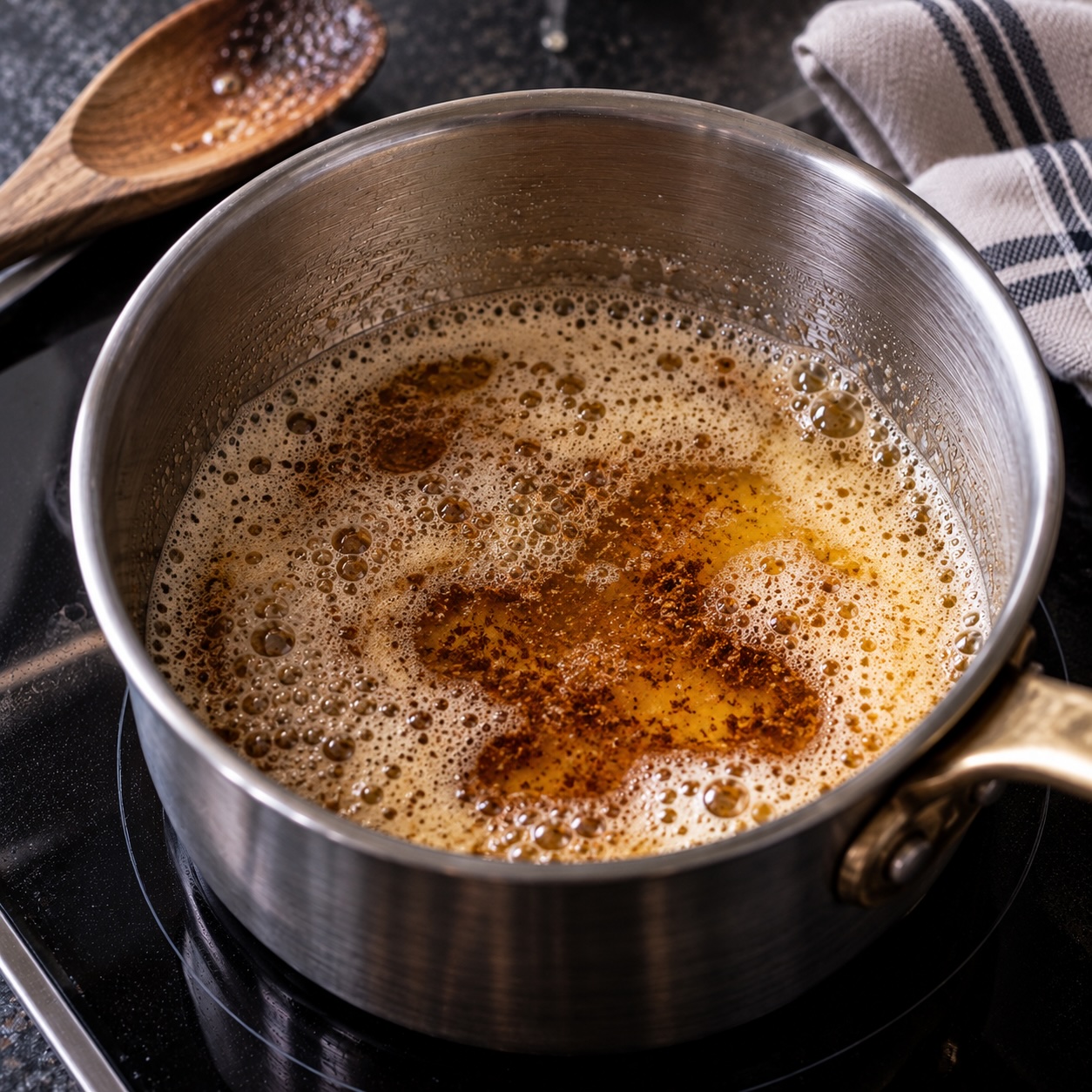 Aufgeschäumte Butter wird erhitzt, bis die Milchbestandteile goldbraun werden und ein nussiges Aroma entsteht.