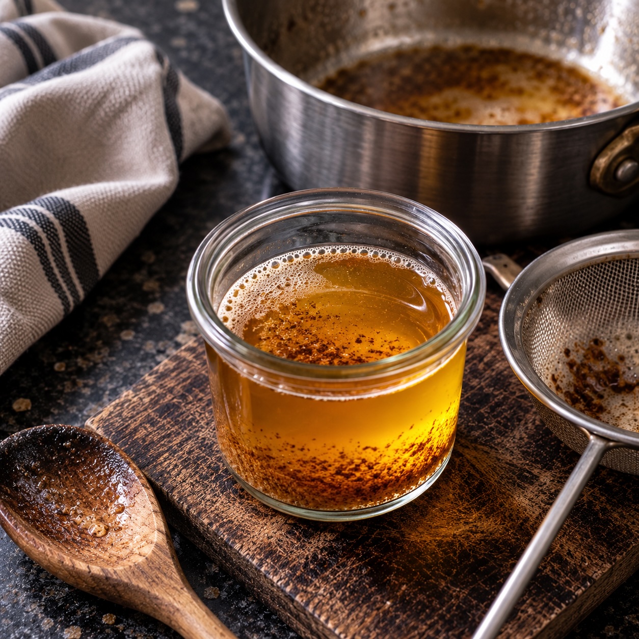 Fertige goldbraune Nussbutter mit fein geröstetem, nussigem Aroma.