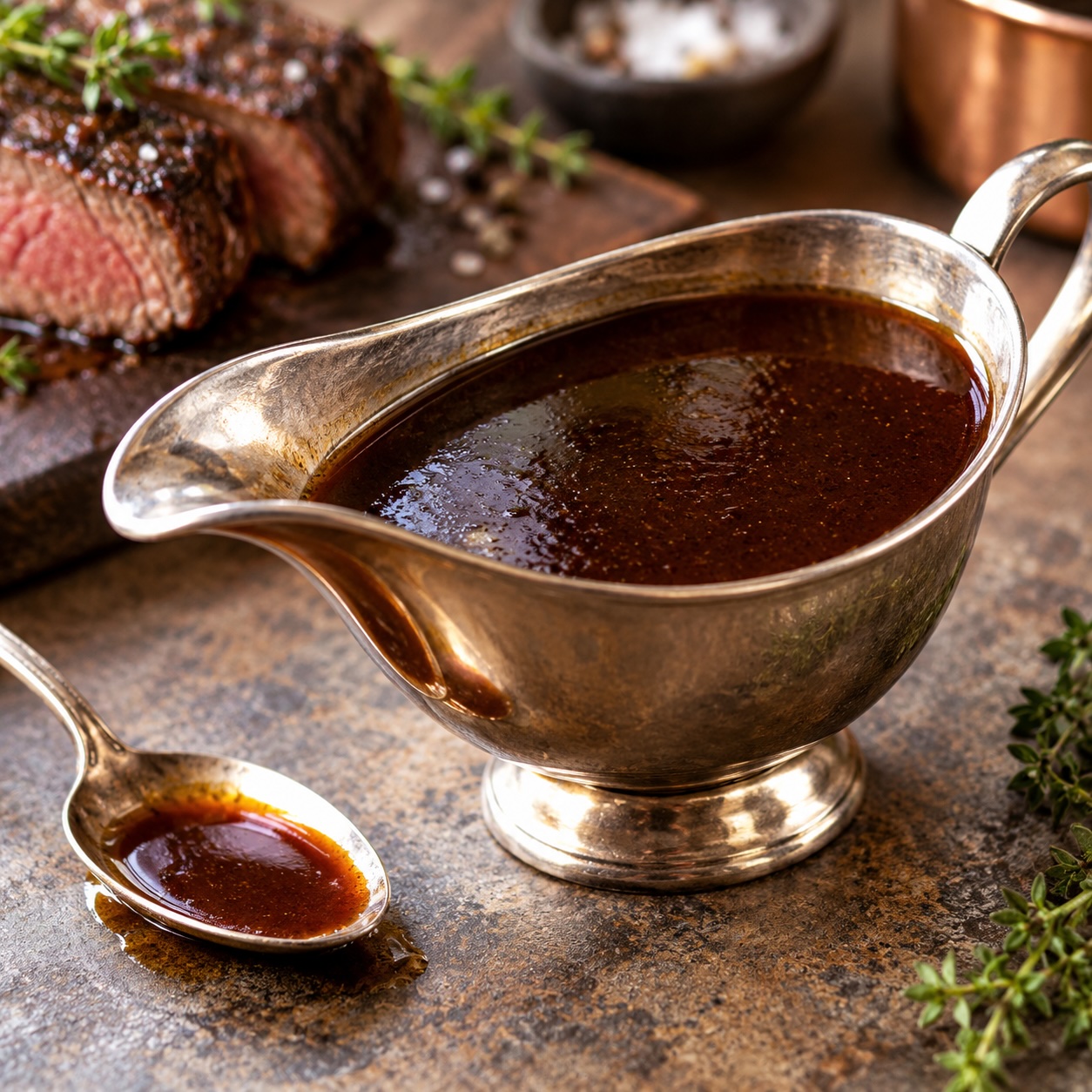 Kräftige Rinderjus in einer Sauciere
