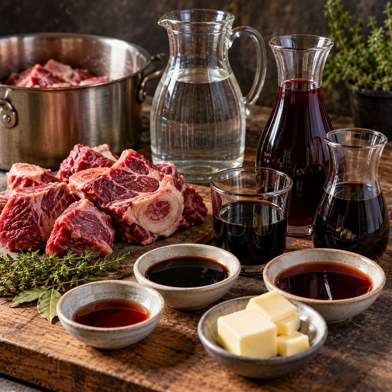 Zutaten für eine kräftige Rinderjus mit Rindfleisch, Rotwein und Gewürzen
