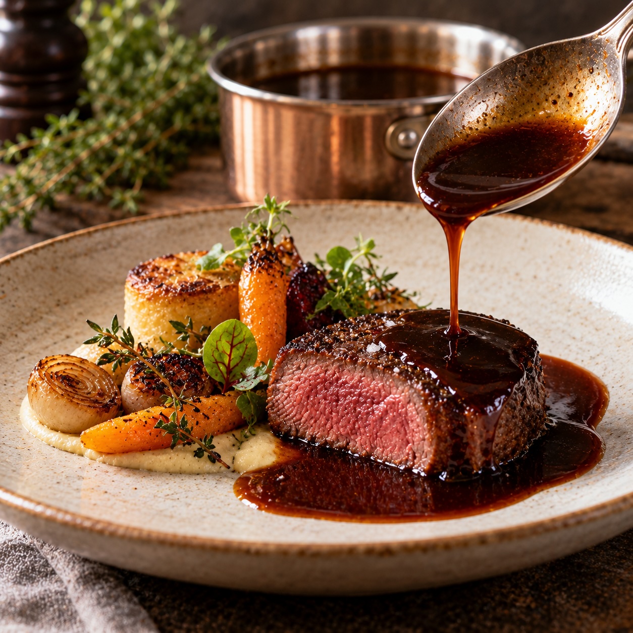 Rinderfilet mit konzentrierter Rinderjus und Gemüse angerichtet
