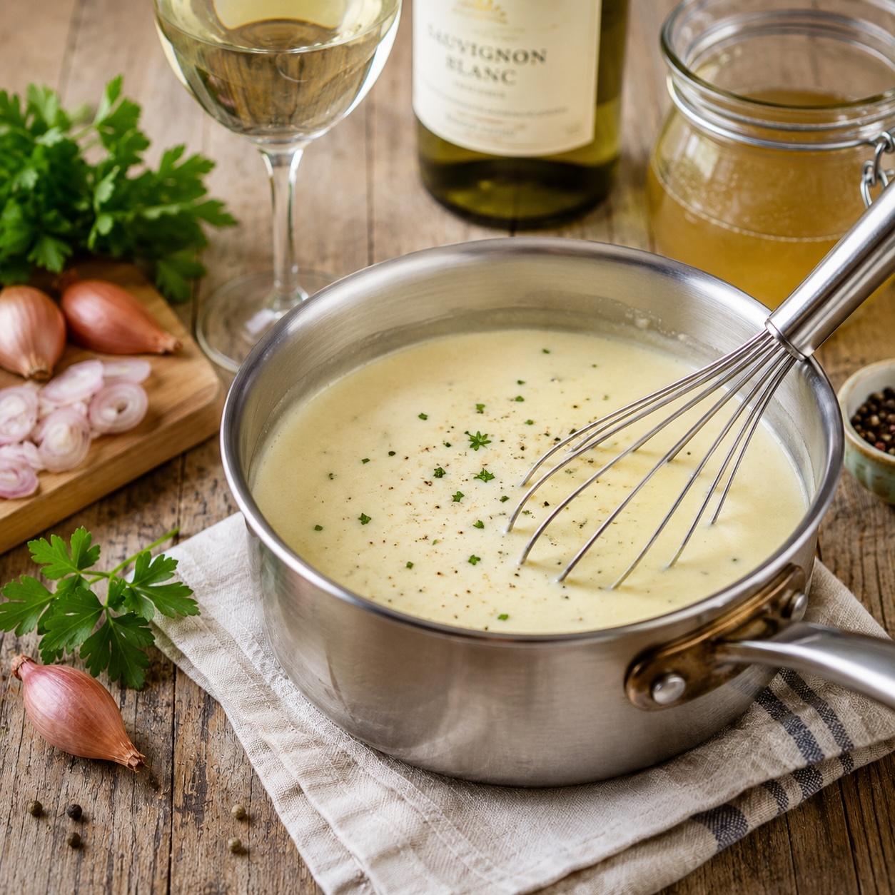 Feine Weißweinsauce als Begleiter für Fisch und Meeresfrüchte