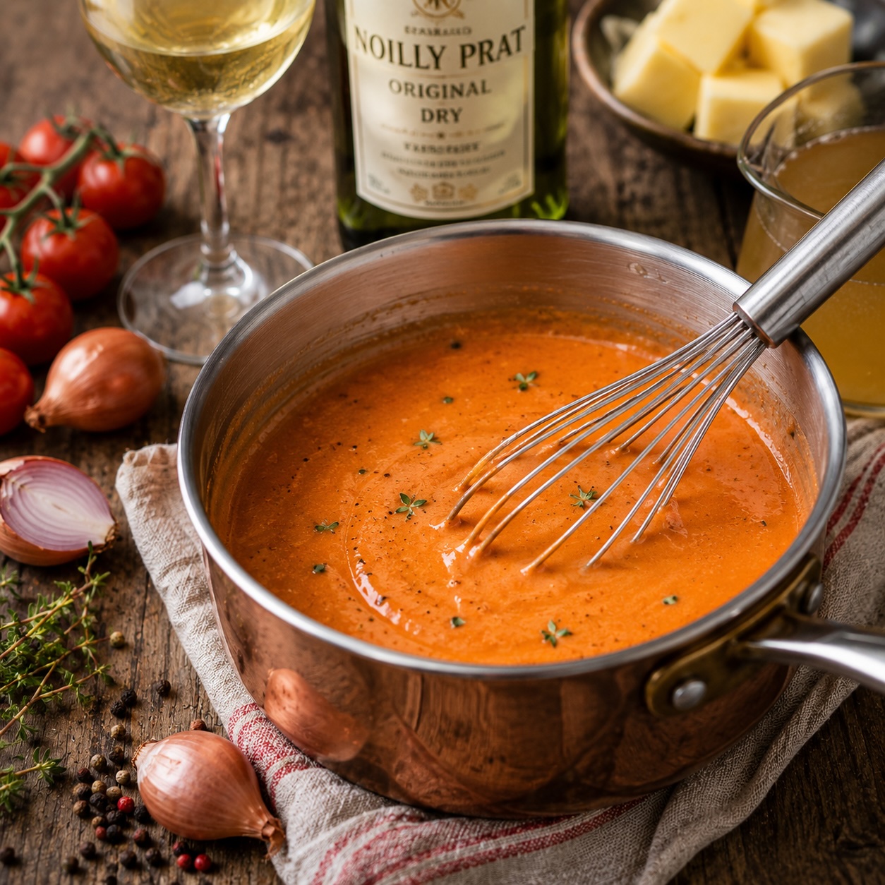 Tomaten-Beurre-blanc mit frischen Zutaten und cremiger Konsistenz