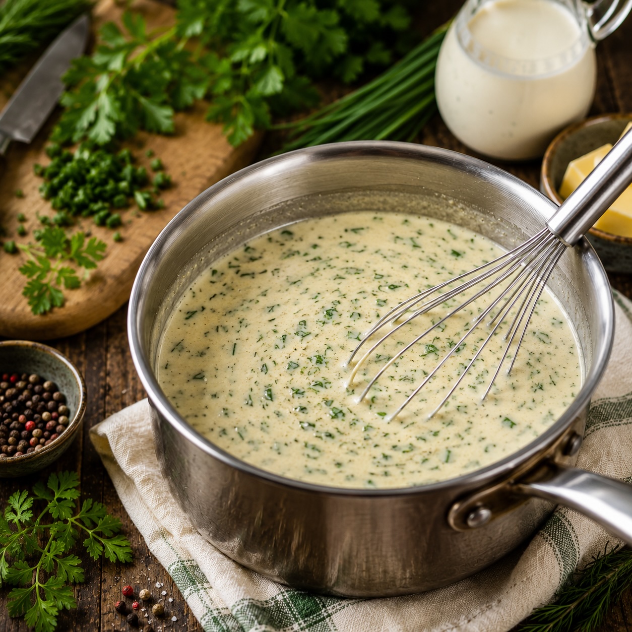Kräuterrahmsauce mit frischen Kräutern als vielseitige Sauce für Gemüse und Fleisch