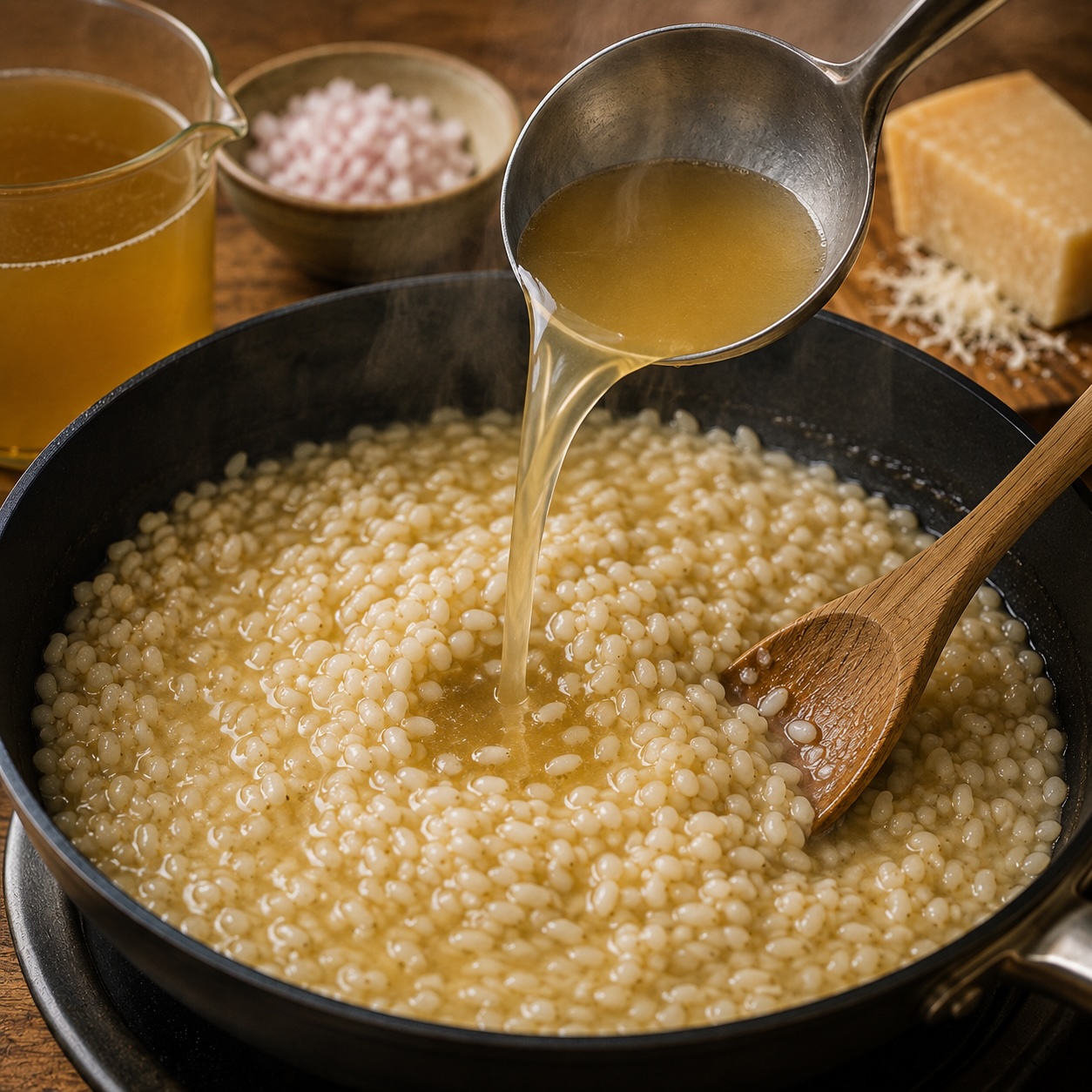 Heiße Brühe wird nach und nach zum Risotto gegeben
