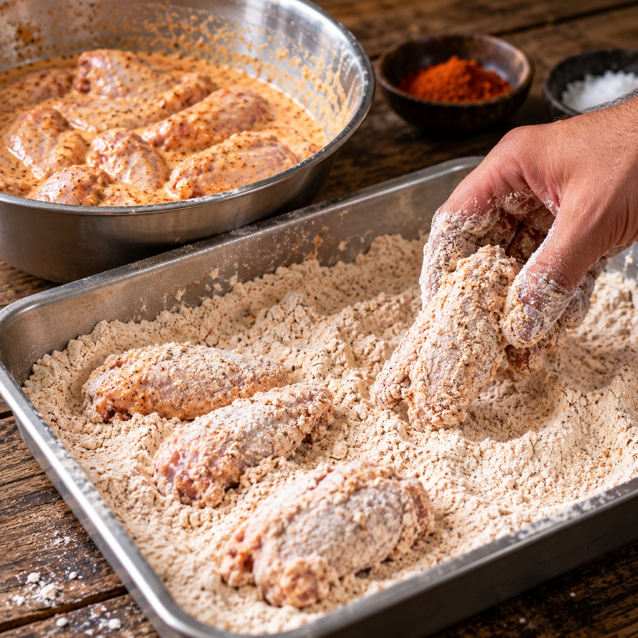 Marinierte Chicken Wings in gewürztem Mehl wenden