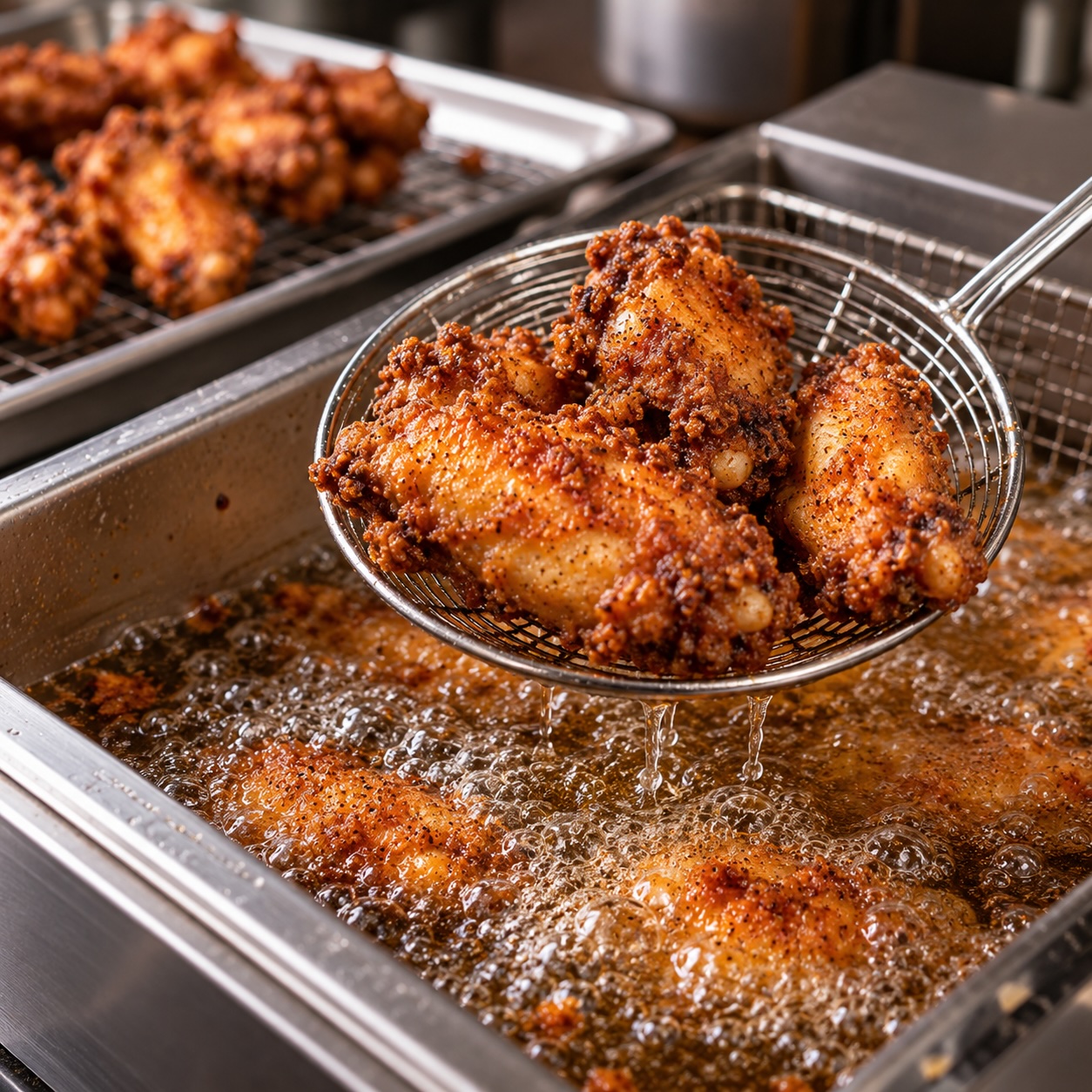 Panierte Chicken Wings beim Frittieren