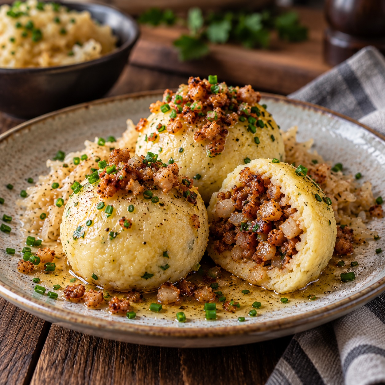 Österreichische Grammelknödel mit Erdäpfelteig, Sauerkraut und knusprigen Grammeln