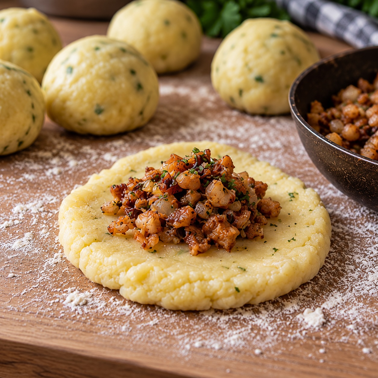 Erdäpfelteig für Grammelknödel mit würziger Grammelfülle vor dem Formen