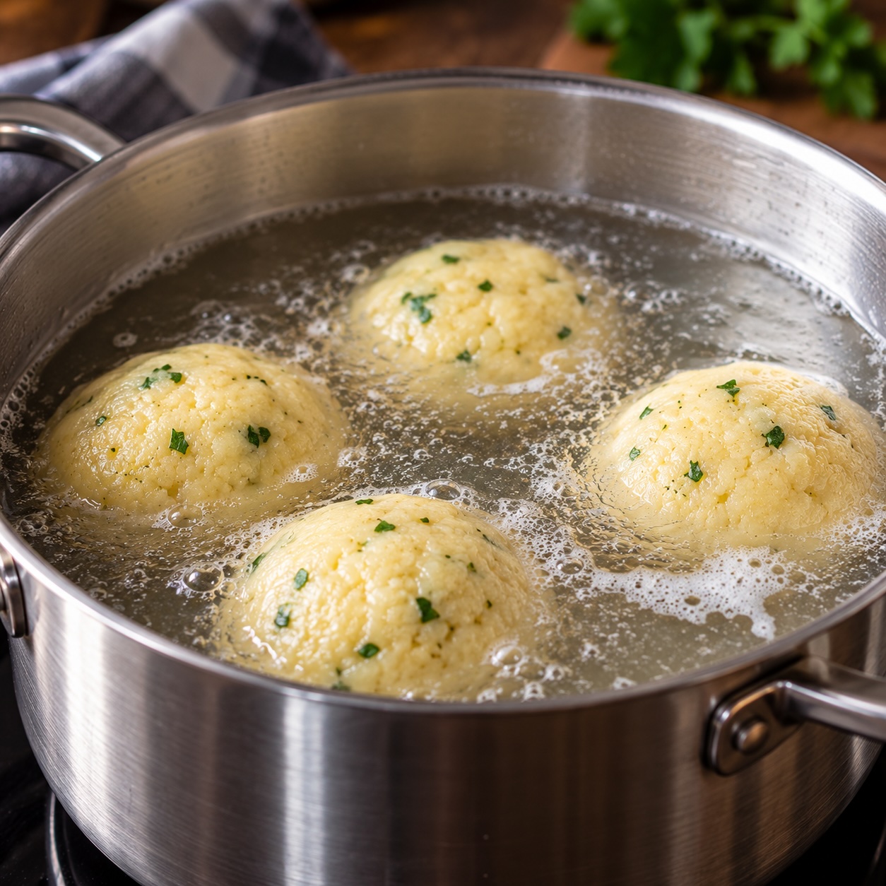 Grammelknödel aus Erdäpfelteig beim sanften Garen im Salzwasser