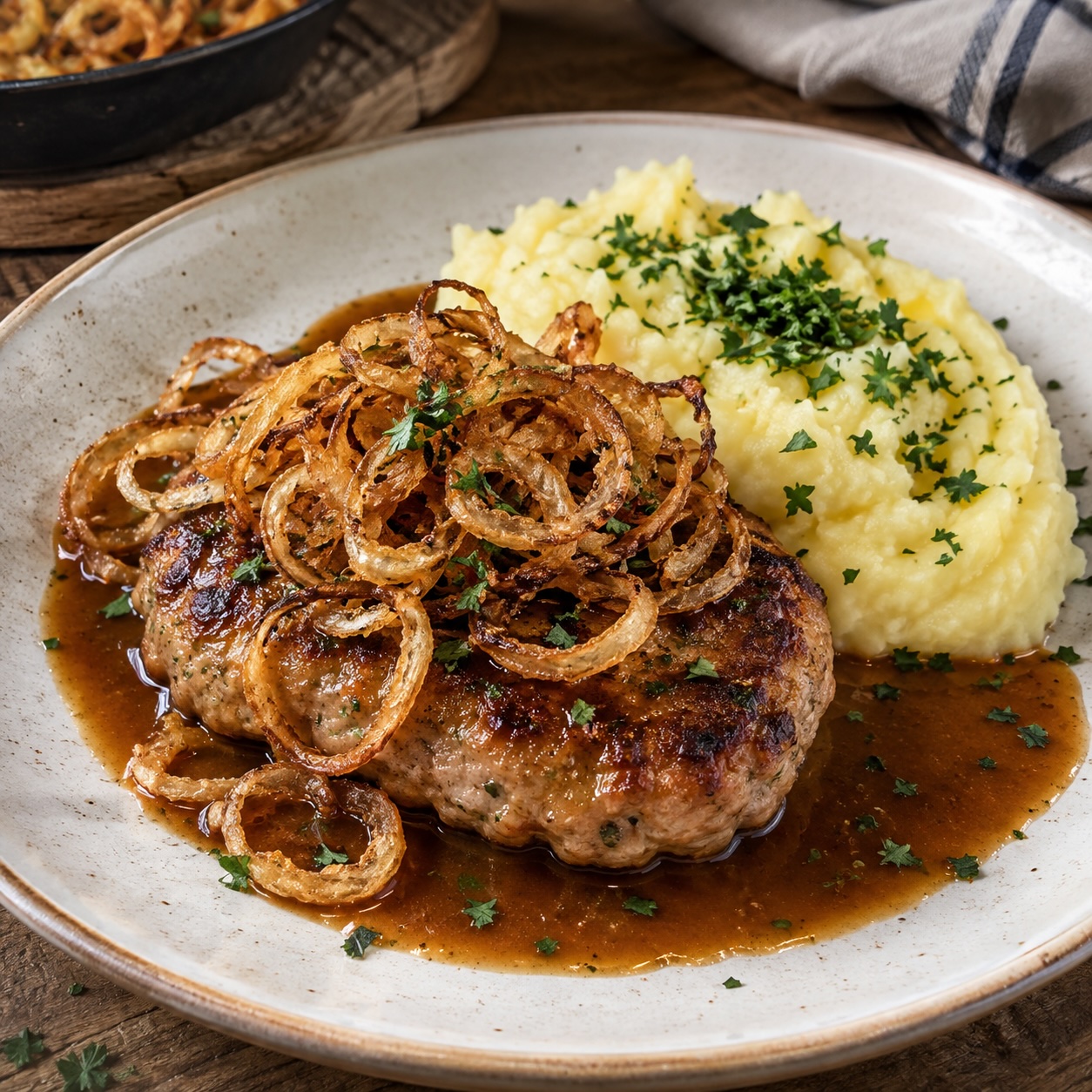 Kalbsbutterschnitzel mit Erdäpfelpüree, Jus und Röstzwiebeln