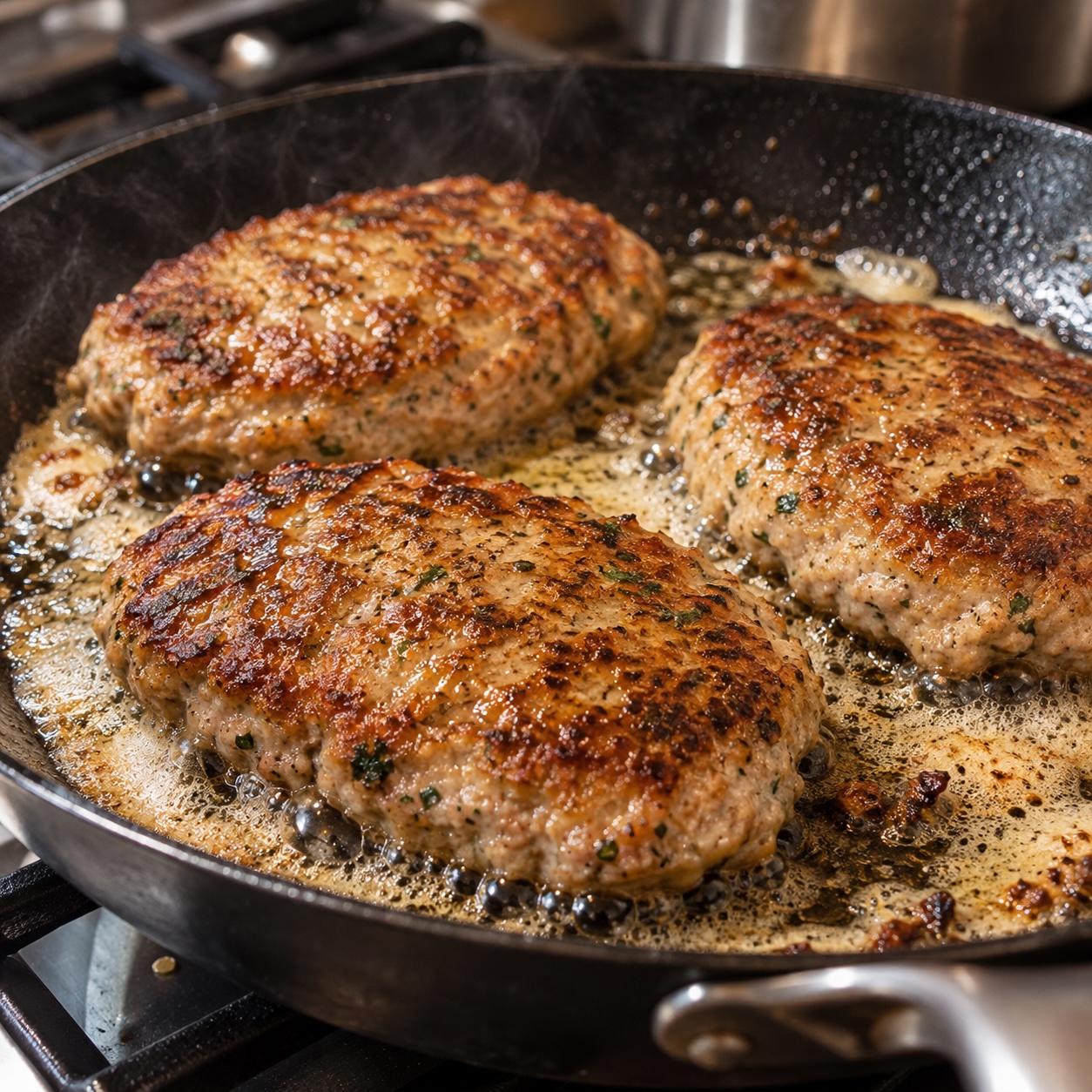 Kalbsbutterschnitzel beim Braten in der Pfanne