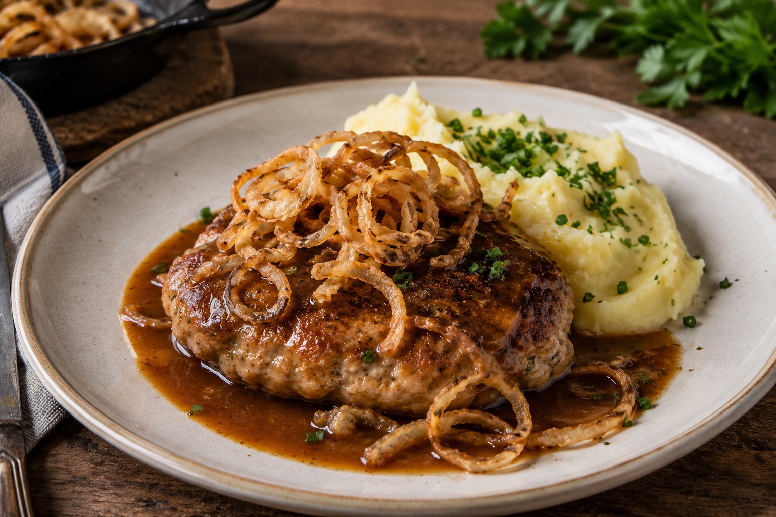 Kalbsbutterschnitzel mit Erdäpfelpüree, Jus und Röstzwiebeln