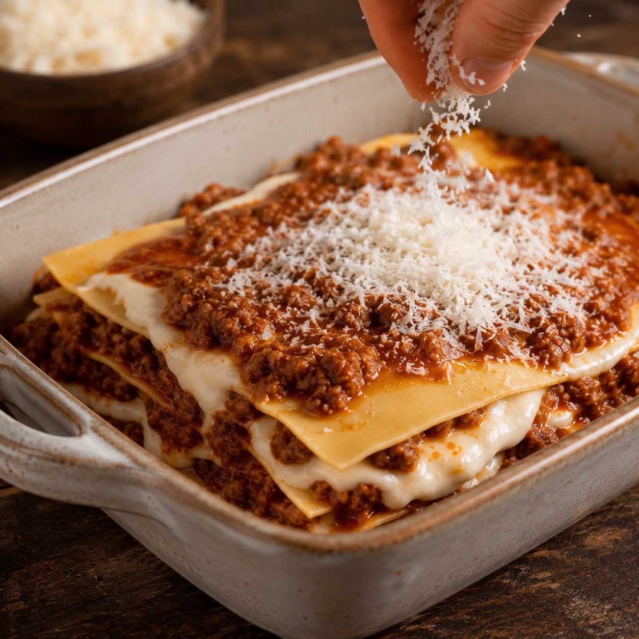 Lasagne beim Schichten mit Ragù, Béchamelsauce und Lasagneblättern
