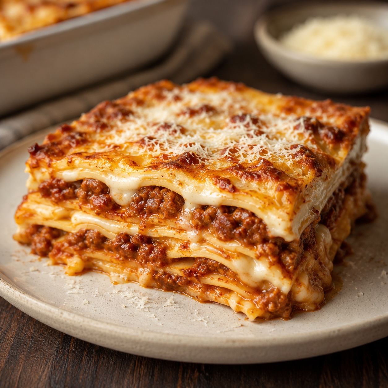Klassische Lasagne mit Ragù, Béchamelsauce und goldbrauner Käsekruste