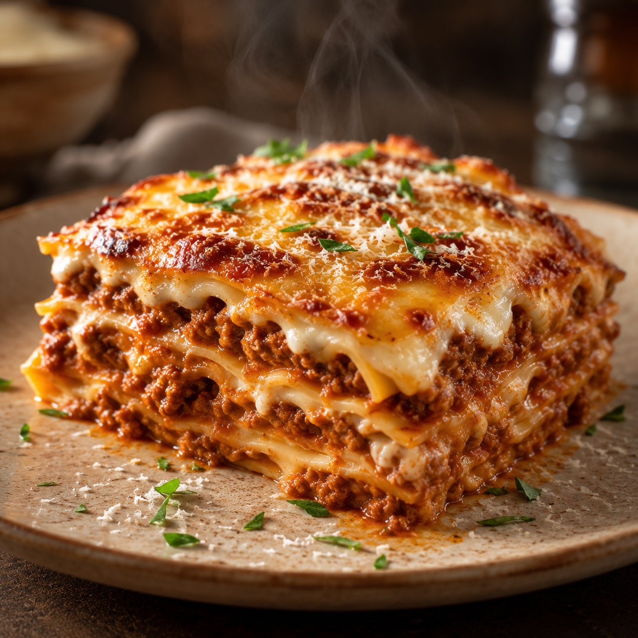 Aufgeschnittene Lasagne mit Ragù, Béchamelsauce und Parmesan