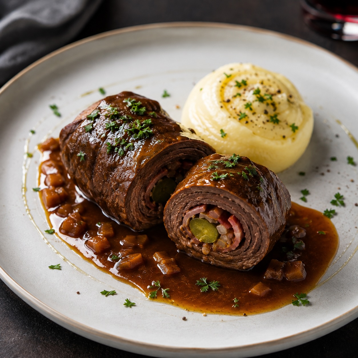 Klassische Rinderrouladen mit kräftiger Schmorsauce und Kartoffelknödel