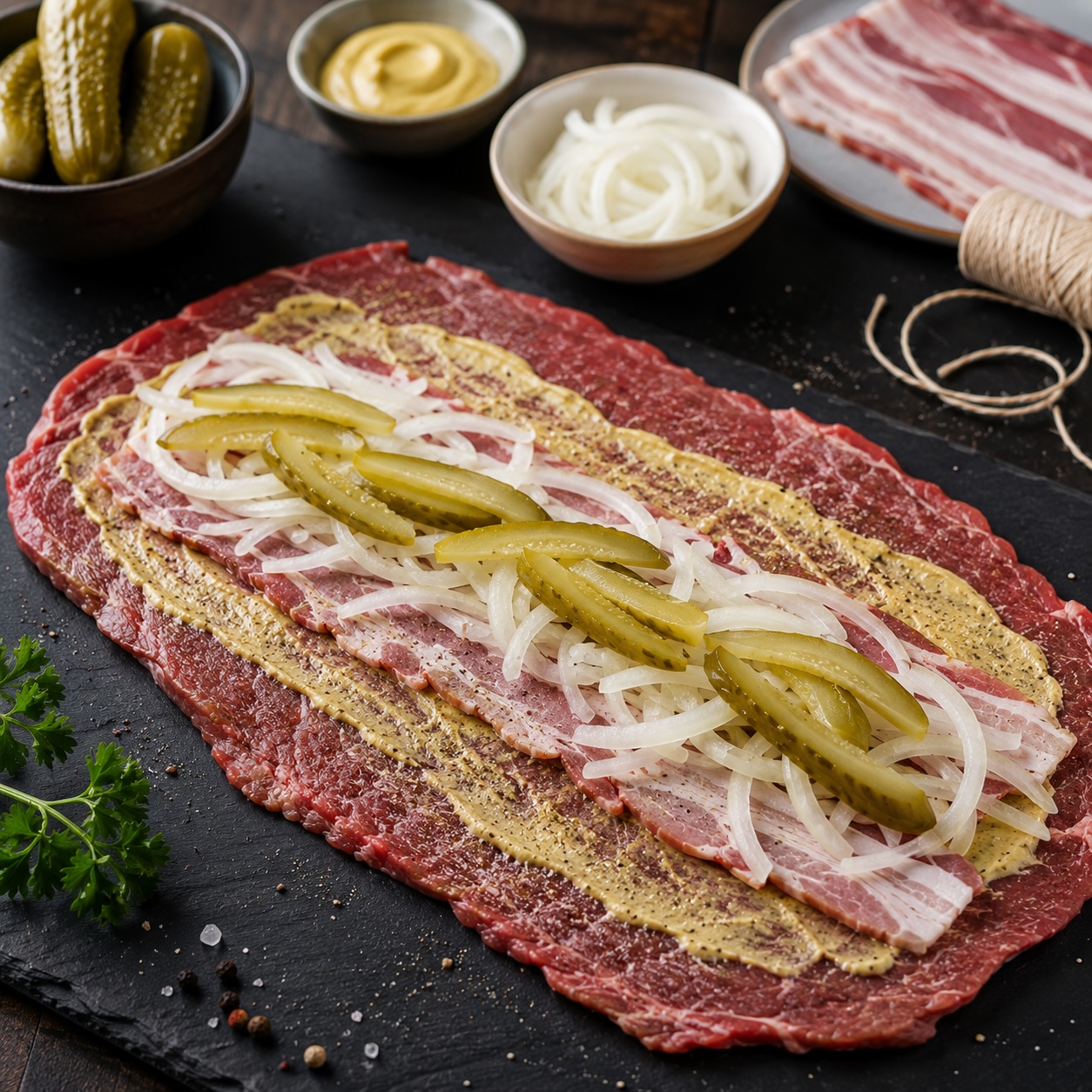Rindsschnitzel mit Senf, Speck, Essiggurkerl und Zwiebeln für Rinderrouladen