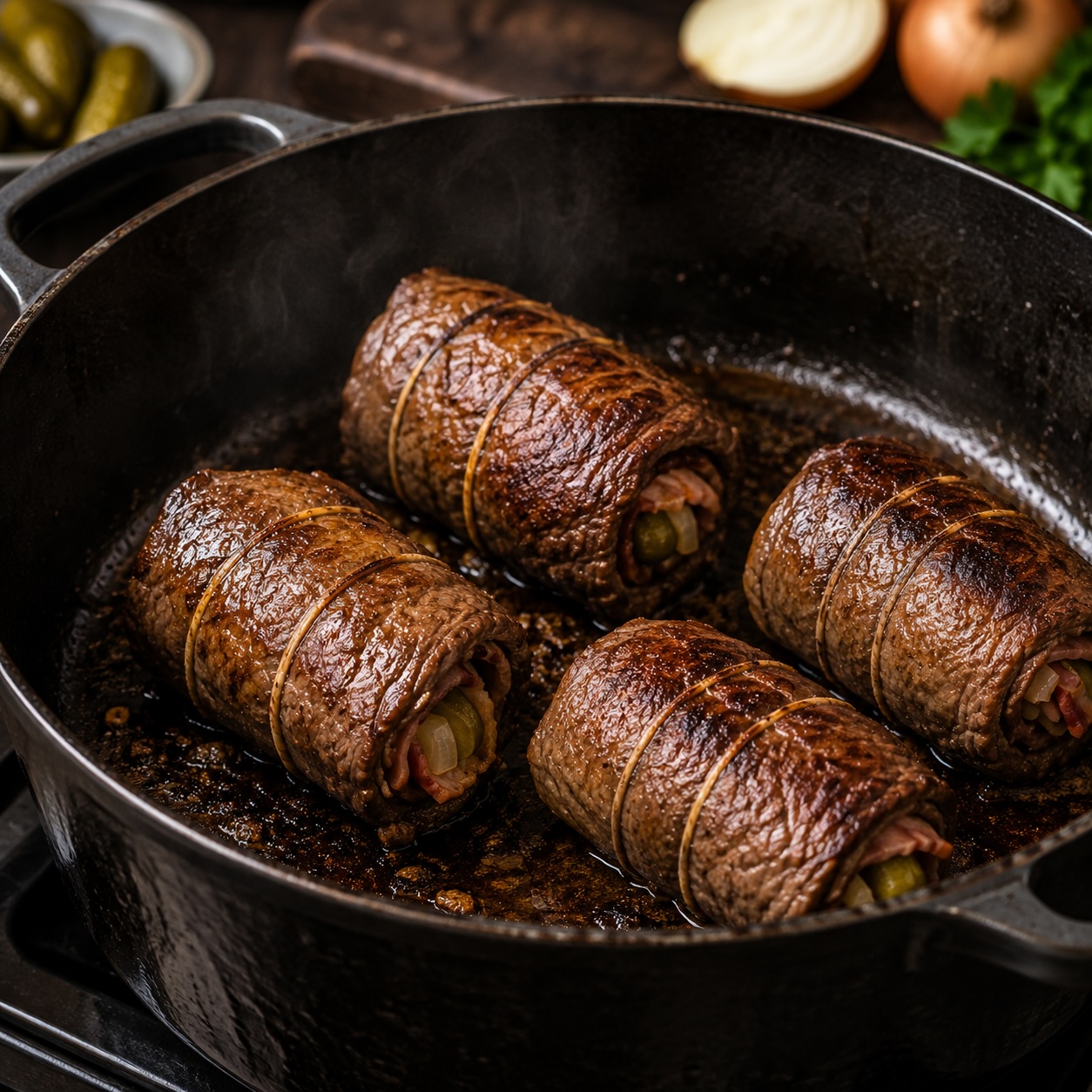 Rinderrouladen im Bräter rundum kräftig anbraten