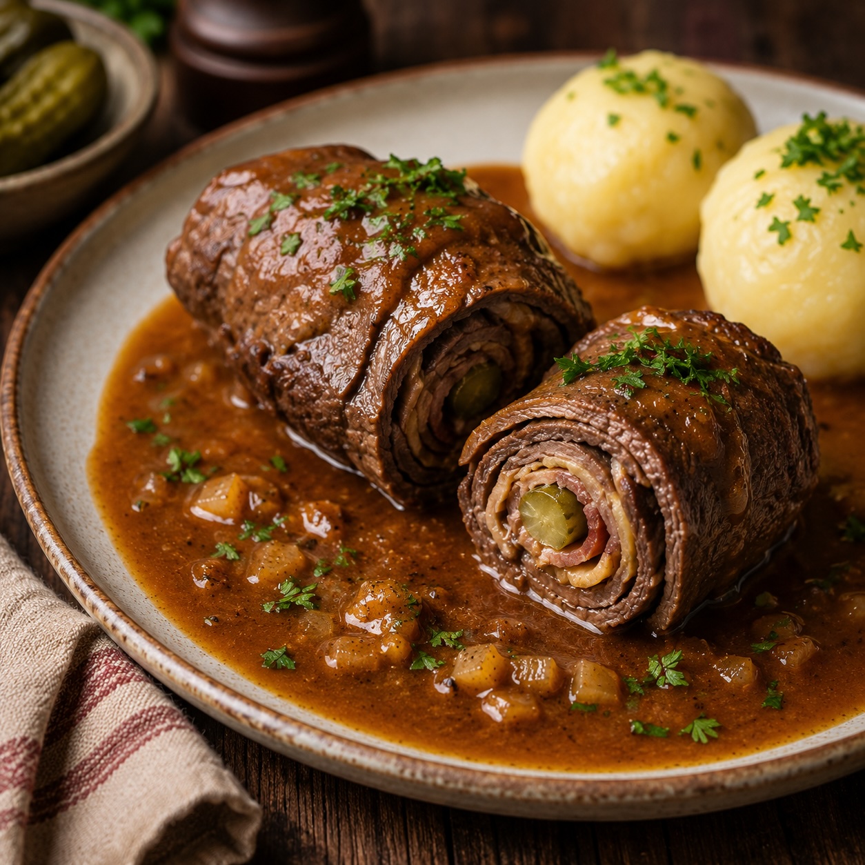 Klassische Rinderrouladen mit kräftiger Sauce